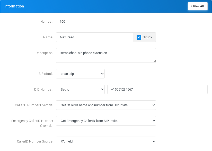 Additional trunk mode options visible after enabling Trunk on a chan_sip extension.