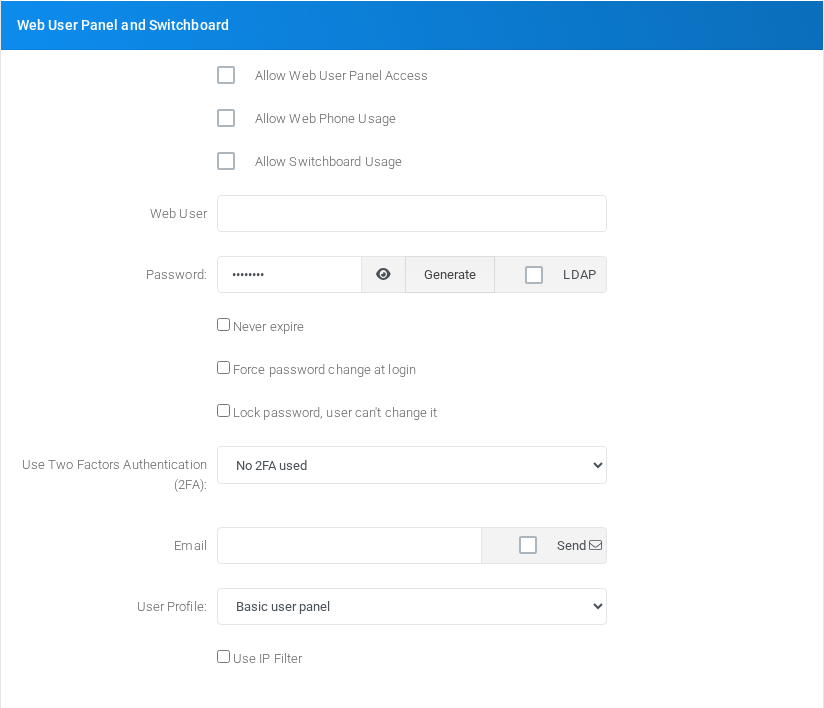 Web User Panel and Switchboard section for chan_sip extension 100.
