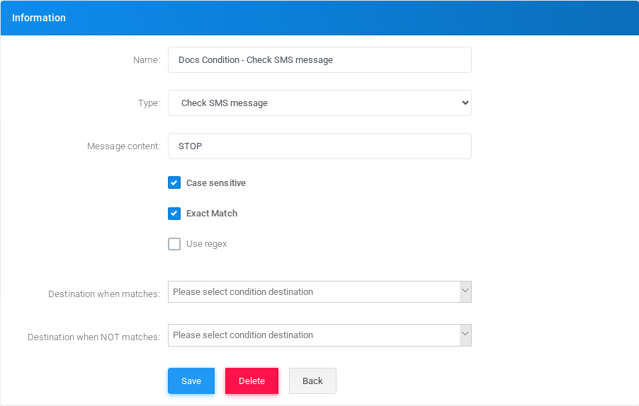 Check SMS message condition edit form in the Canistracci OIL tenant.
