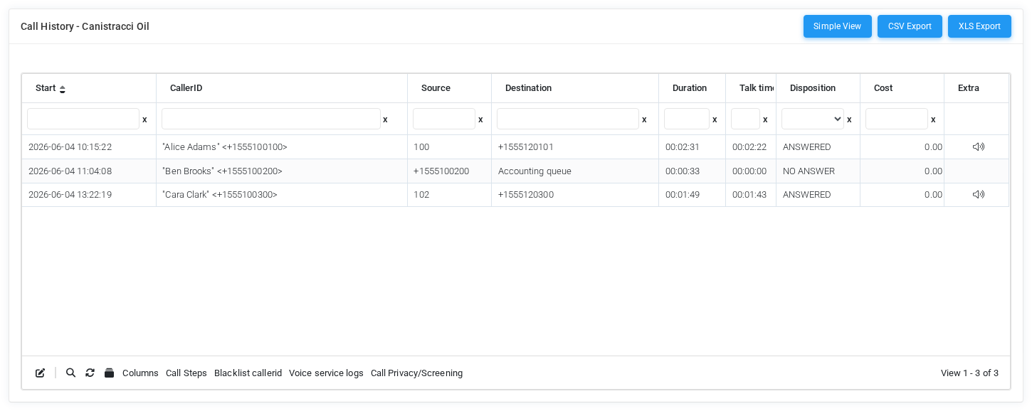 Complete Call History with fictional call data.