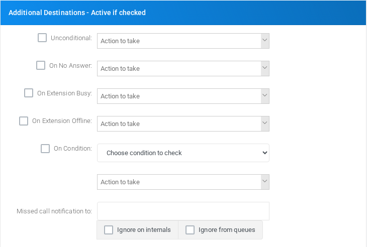 Additional Destinations - Active if checked section for custom extension 106.