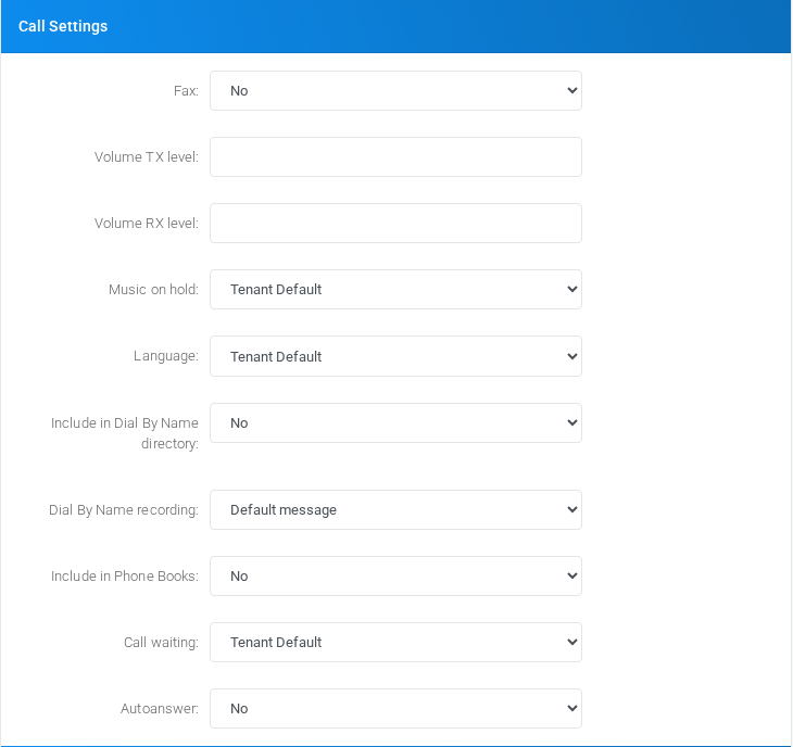 Call Settings section for custom extension 106.
