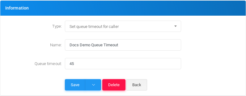 Custom destination form for setting the next queue timeout.