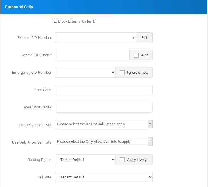 Outbound Calls section for custom extension 106.