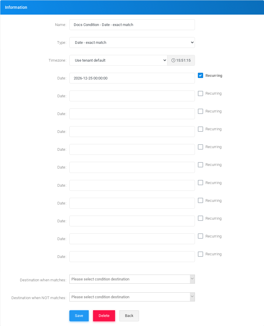 Date - exact match condition edit form in the Canistracci OIL tenant.
