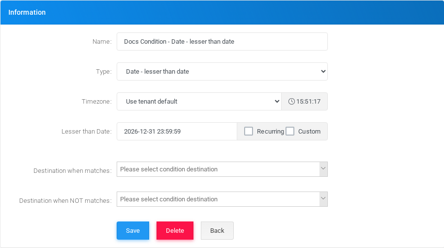 Date - lesser than date condition edit form in the Canistracci OIL tenant.