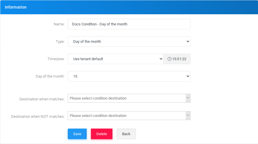 Day of the month condition edit form in the Canistracci OIL tenant.