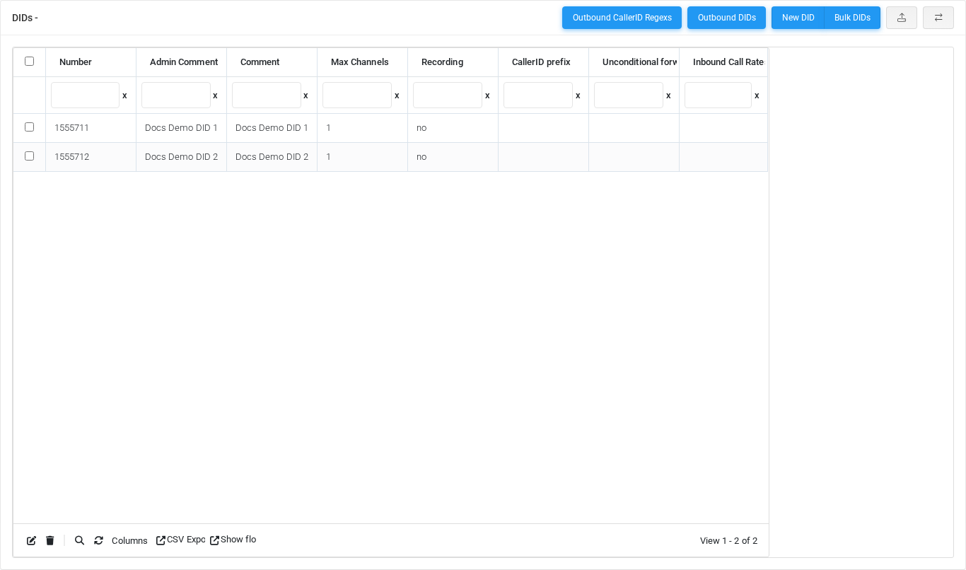 DIDs page in jqGrid display mode.