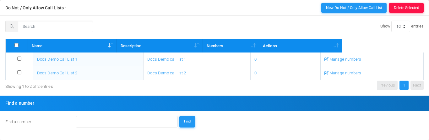 Do Not and Only Allow Call Lists list page in the Canistracci OIL tenant.