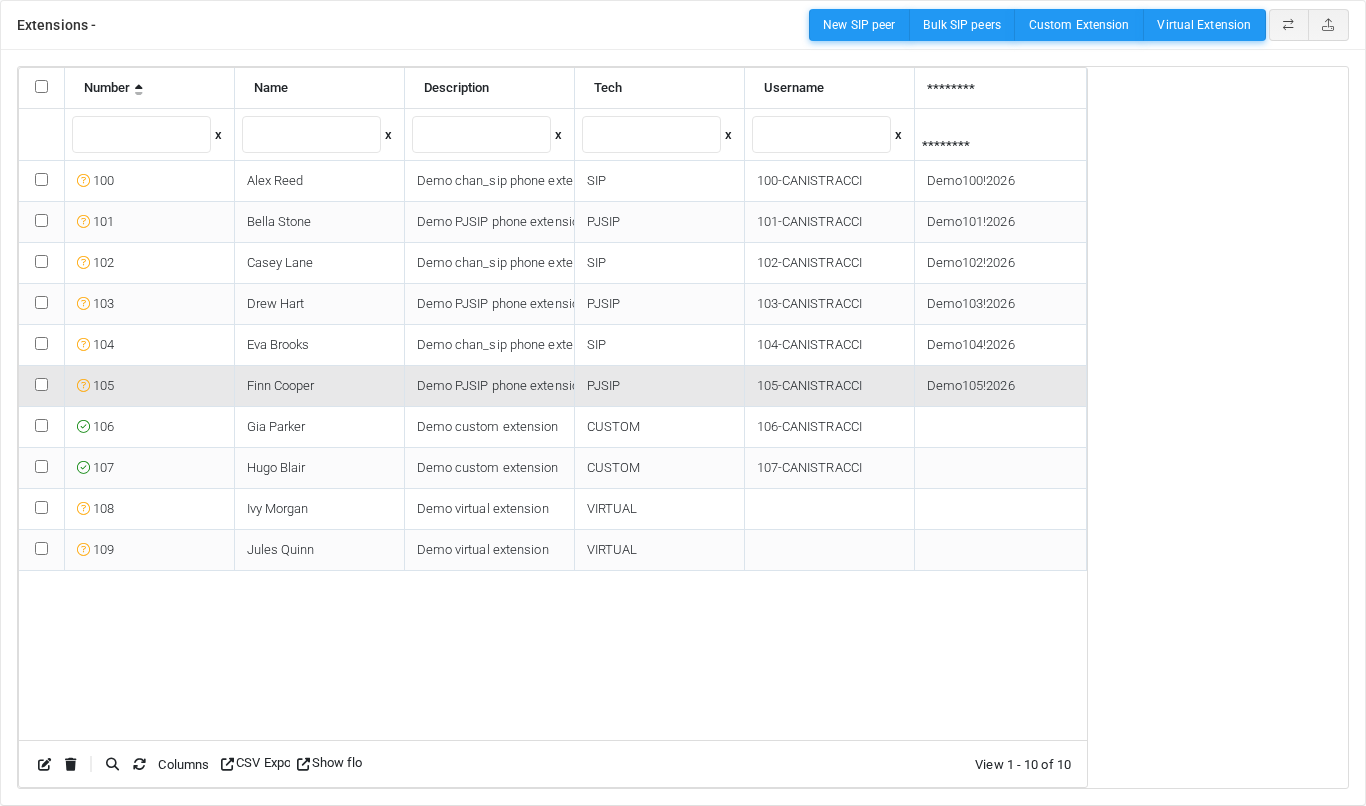 Extensions page in jqGrid display mode with demo extensions 100-109.