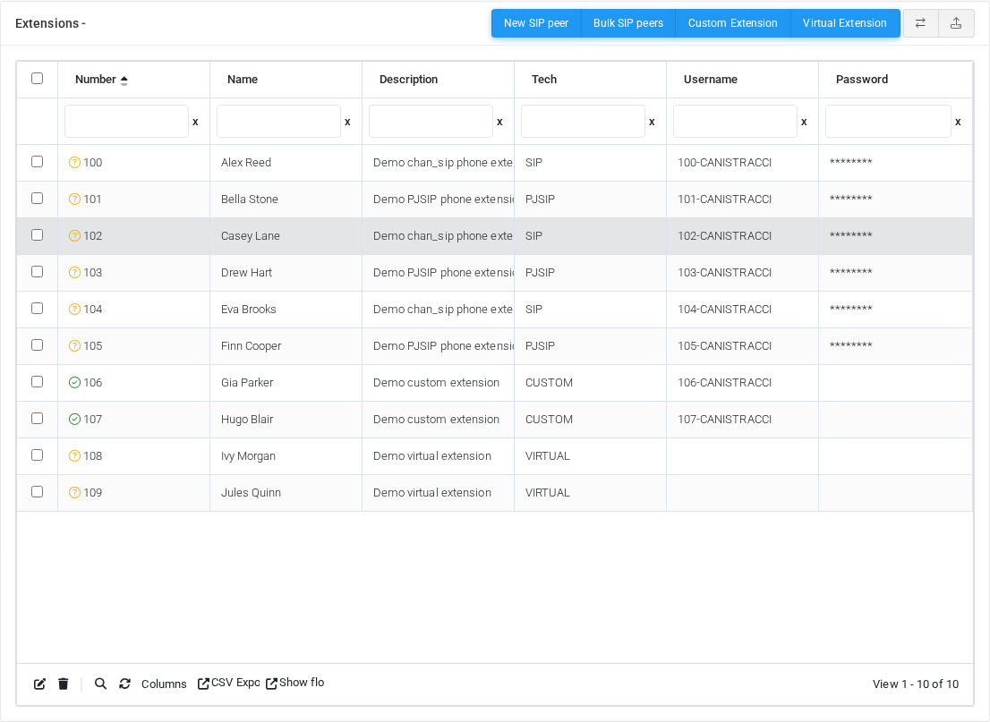 Extensions page in jqGrid mode with fake demo extensions 100-109.