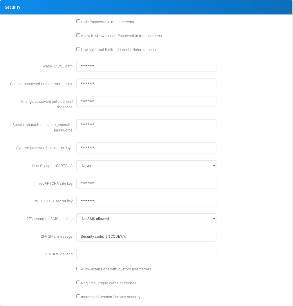 Security section of Admin Settings.