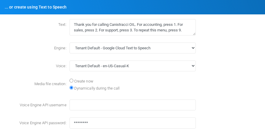 Text-to-speech block with an IVR selection prompt example.