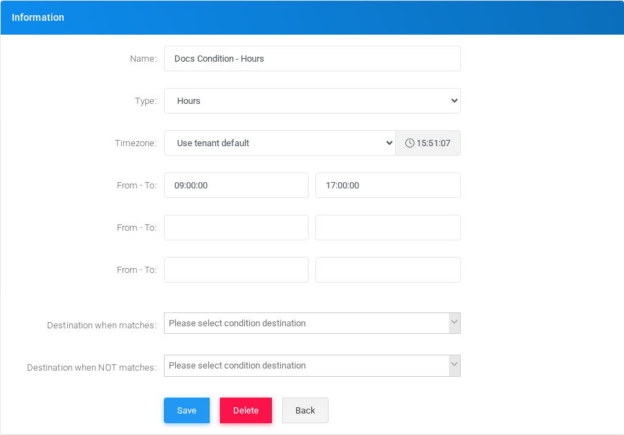 Hours condition edit form in the Canistracci OIL tenant.