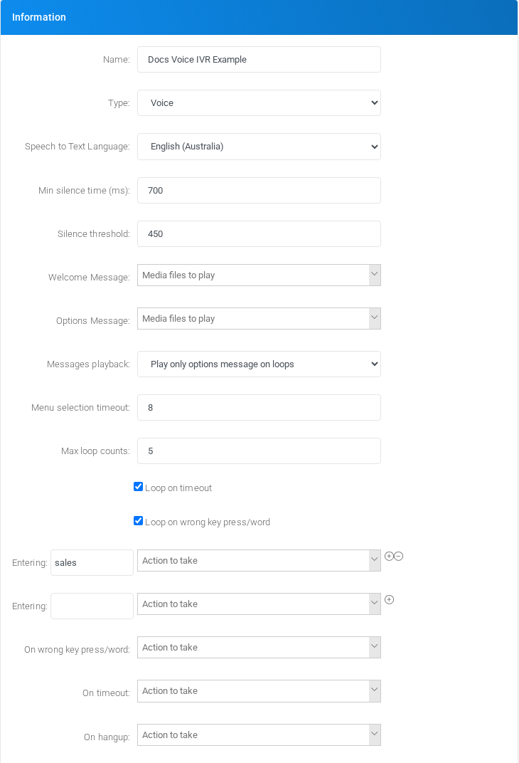Voice IVR field set shown after selecting Type: Voice.