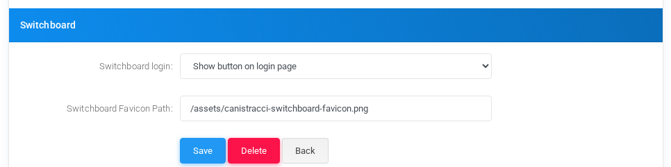Theme editor switchboard link and favicon options with fictional values.