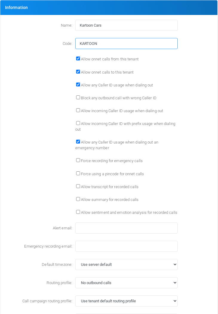 New tenant form filled with Kartoon Cars and tenant code KARTOON.