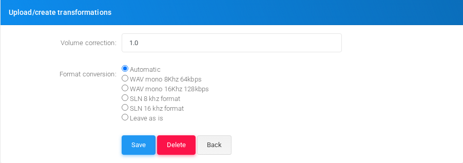 Upload/create transformations section on the edit form.