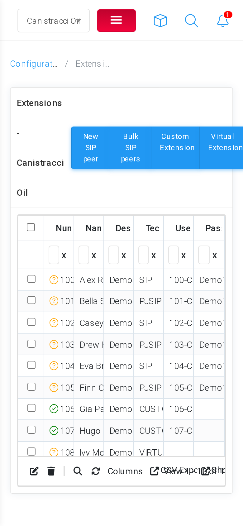 Extensions configuration page displayed on a mobile phone viewport.