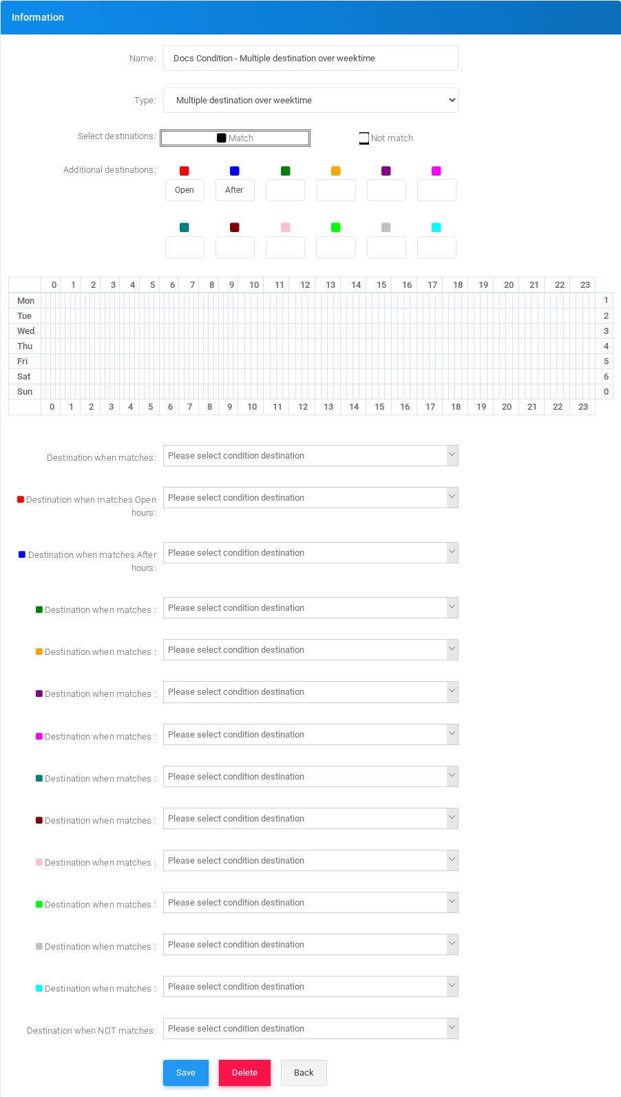 Multiple destination over weektime condition edit form in the Canistracci OIL tenant.