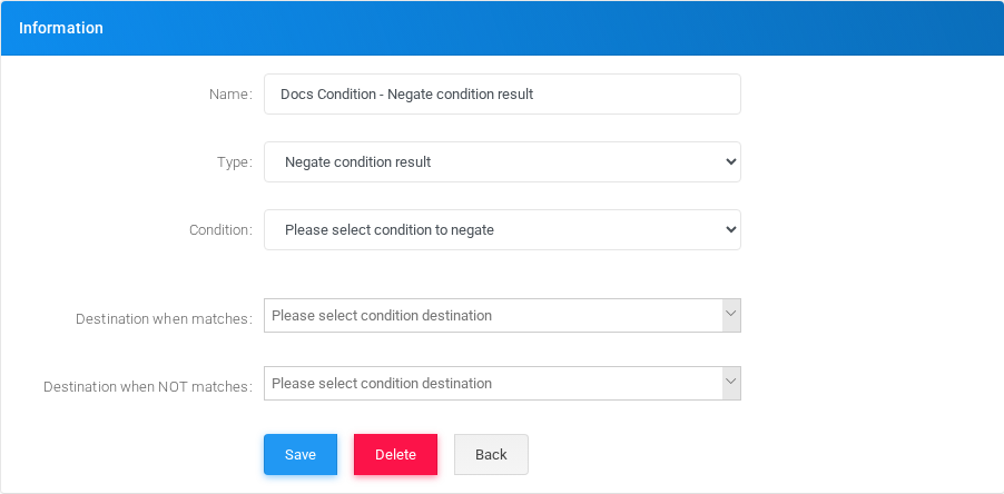 Negate condition result condition edit form in the Canistracci OIL tenant.