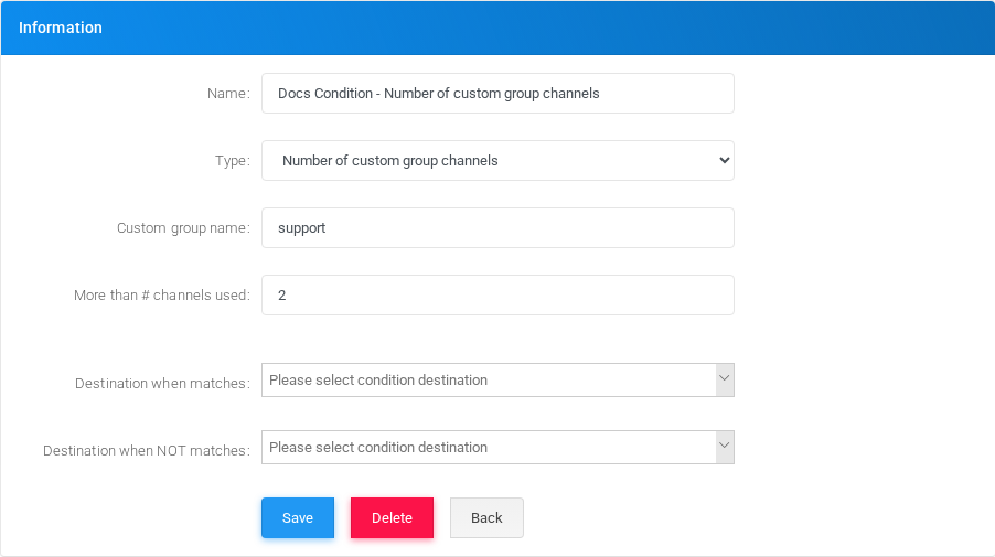 Number of custom group channels condition edit form in the Canistracci OIL tenant.