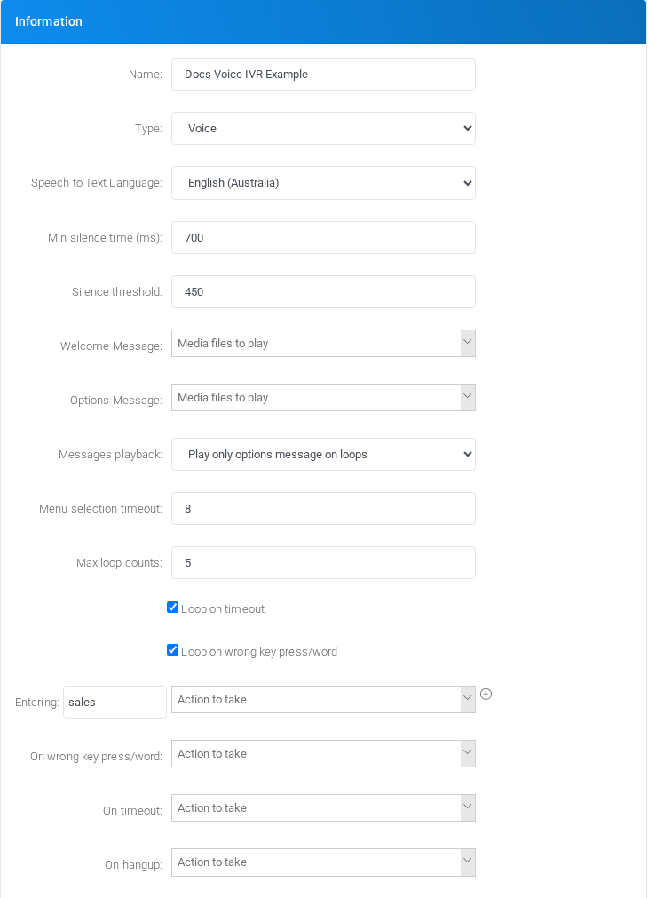 Voice IVR field set shown after selecting Type: Voice.
