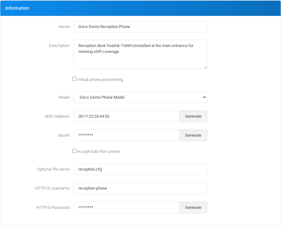 Phones add/edit form with the Description field for internal notes.