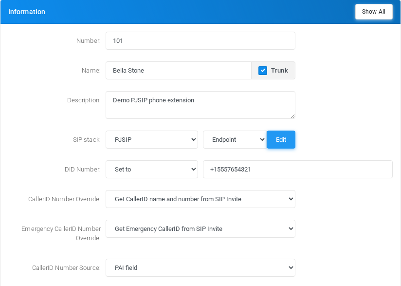 Additional trunk mode options visible after enabling Trunk on a PJSIP extension.