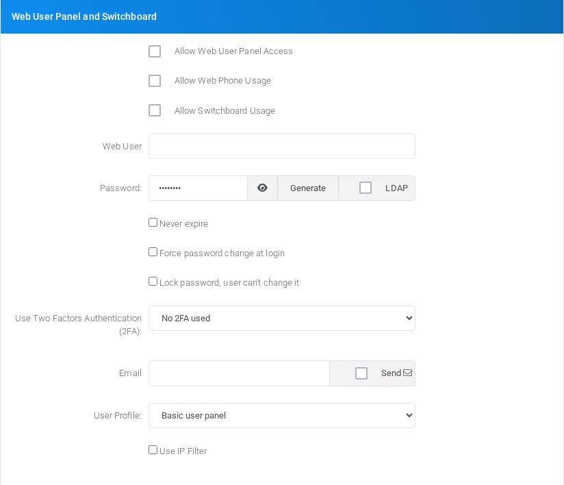 Web User Panel and Switchboard section for PJSIP extension 101.