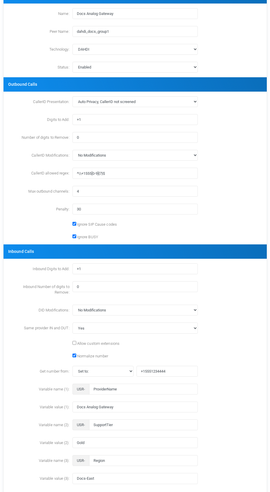 DAHDI provider fields with fictional analog gateway values.