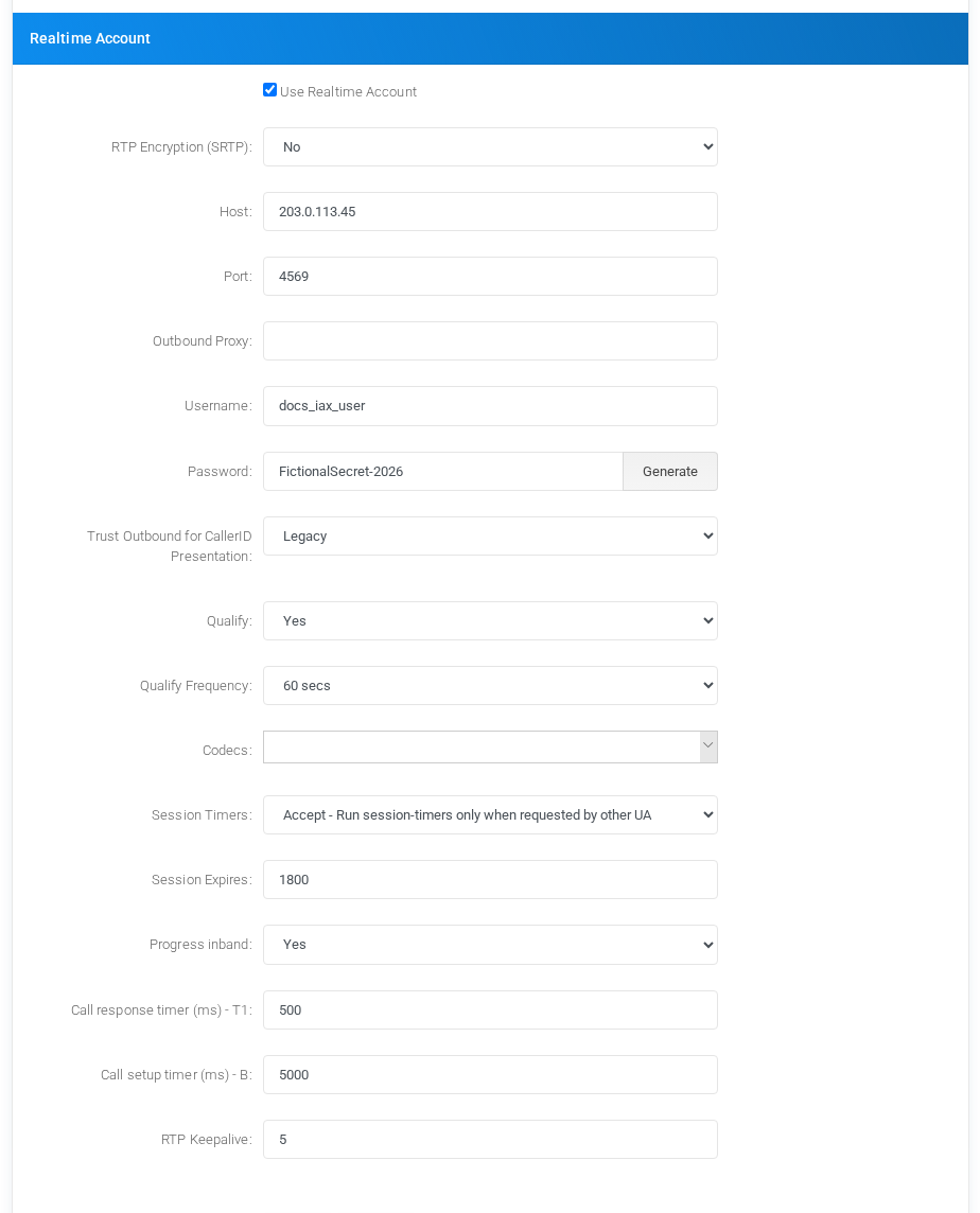 IAX2 realtime account settings with fictional gateway values.