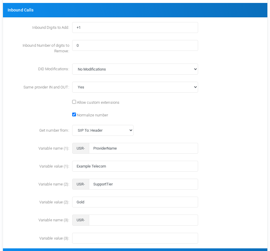 Inbound Calls block with fictional DID normalization and user variables.