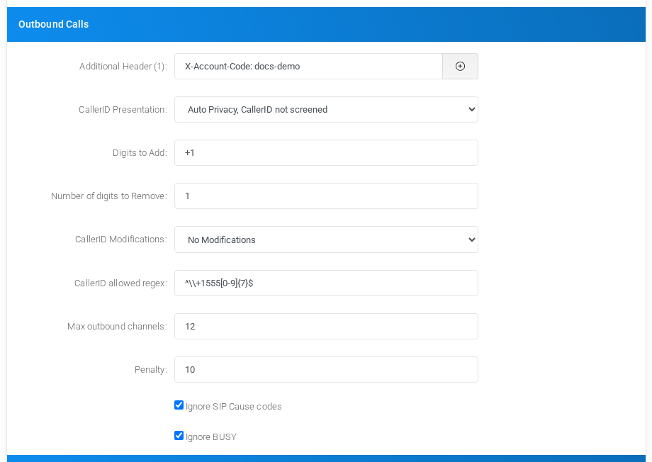 Outbound Calls block with fictional caller ID and routing controls.