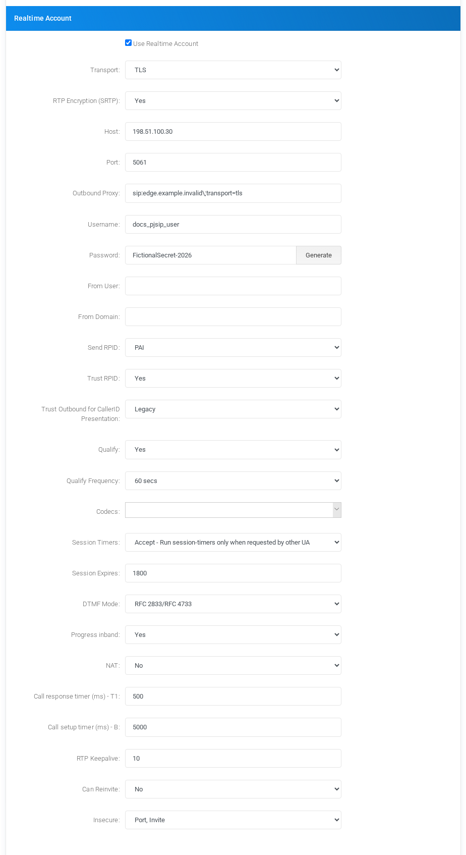 PJSIP realtime account settings with fictional res_pjsip trunk values.