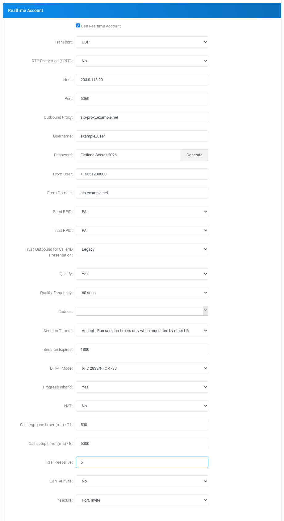Realtime Account block with fictional SIP registration and media settings.