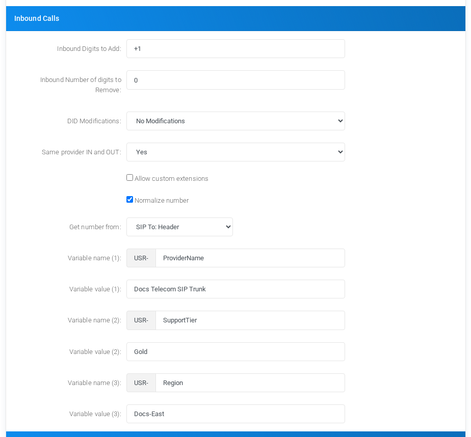 Inbound Calls fields with fictional DID normalization and user variables.