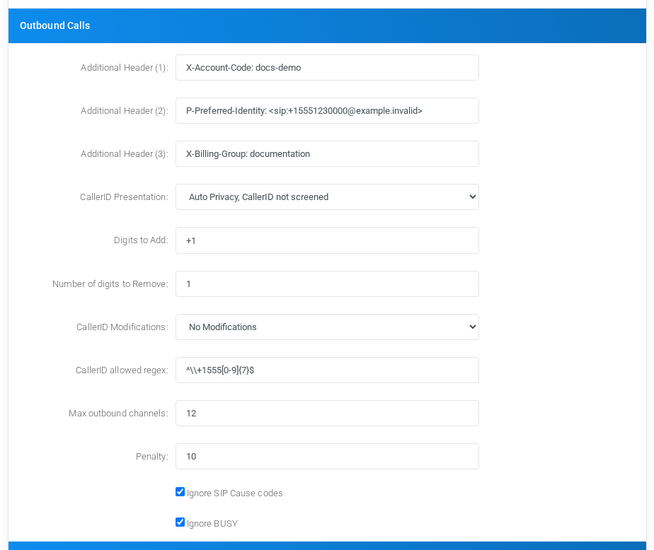 Outbound Calls fields with fictional caller ID, digit, header, and routing values.