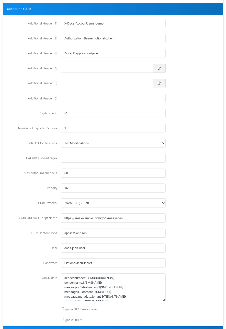 SMS JSON Web URL provider with nested JSON fields and fictional values.