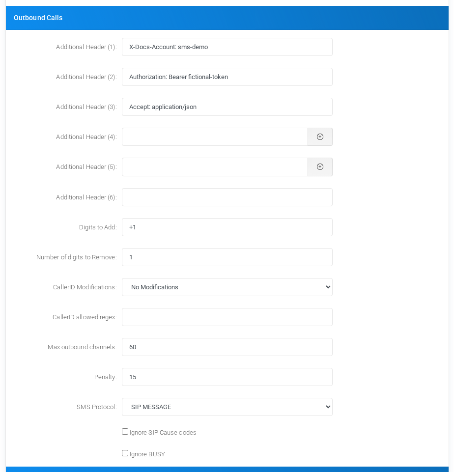 SMS SIP MESSAGE provider with a fictional SIP provider selection.