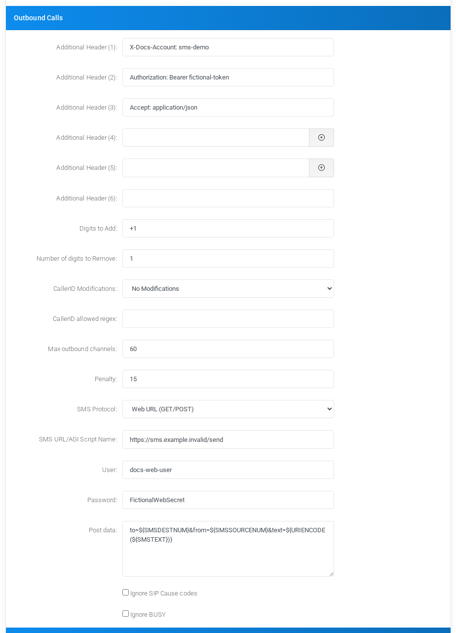 SMS Web URL provider with fictional POST data.
