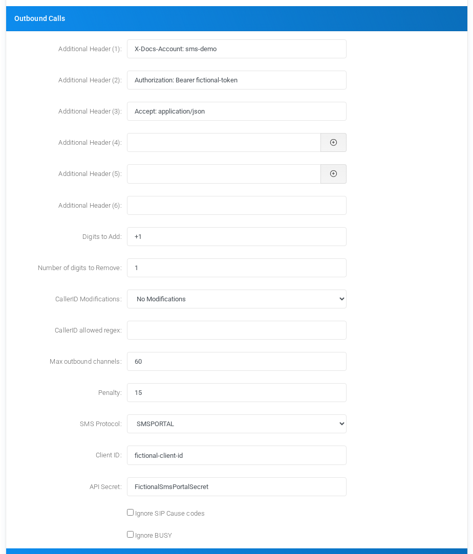 SMSPortal provider with fictional client credentials.