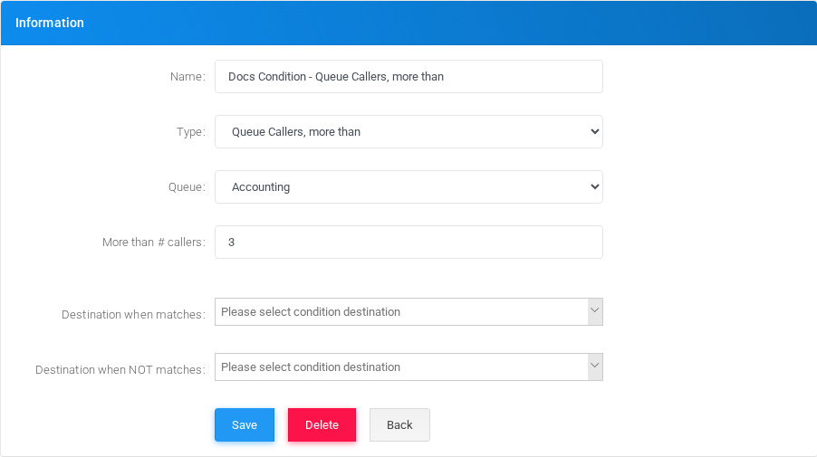 Queue Callers, more than condition edit form in the Canistracci OIL tenant.
