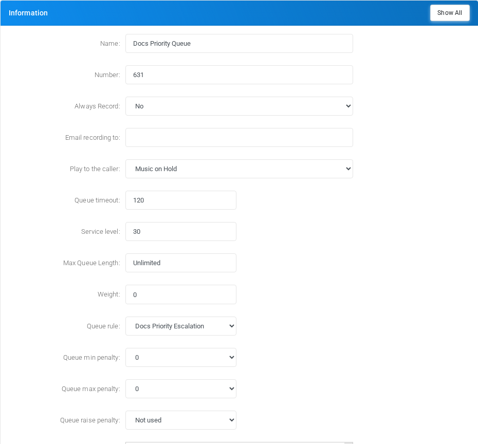 Queue penalty fields on the queue Information section.
