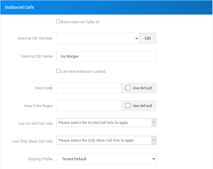 Outbound Calls section for virtual extension 108.