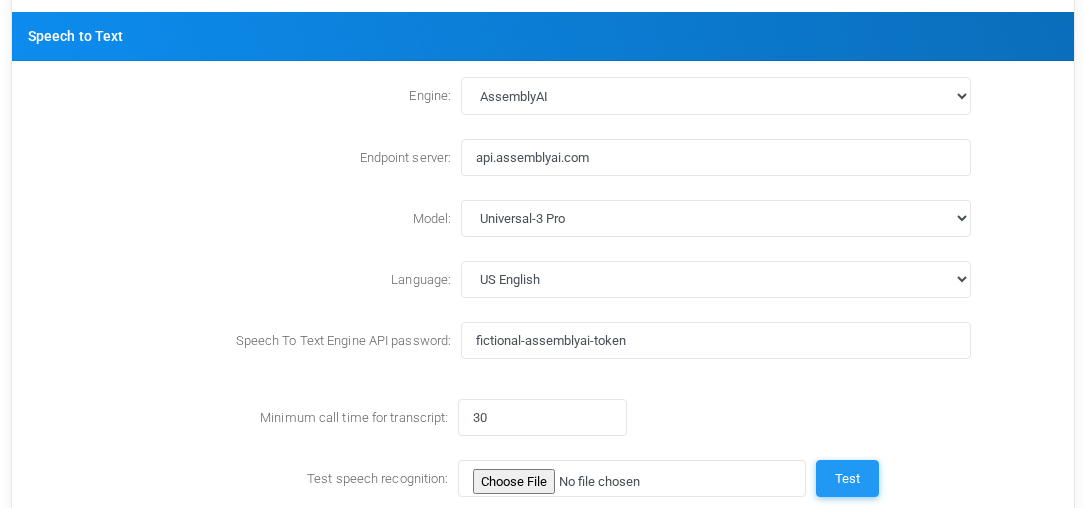 Speech to Text settings for AssemblyAI with fictional documentation values.