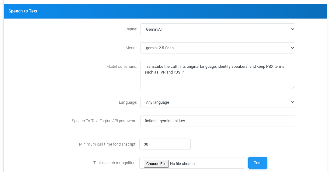 Speech to Text settings for GeminiAI with fictional documentation values.