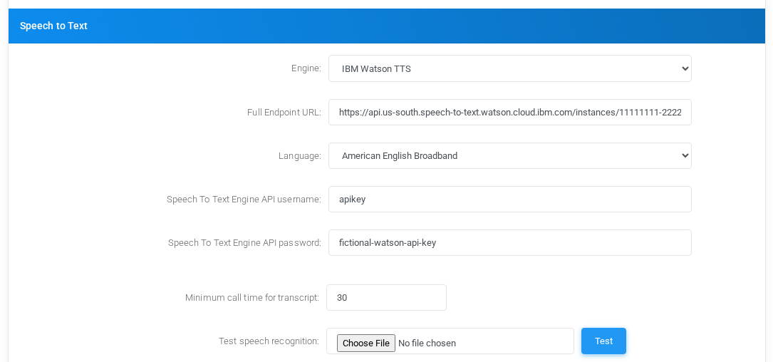 Speech to Text settings for IBM Watson TTS with fictional documentation values.
