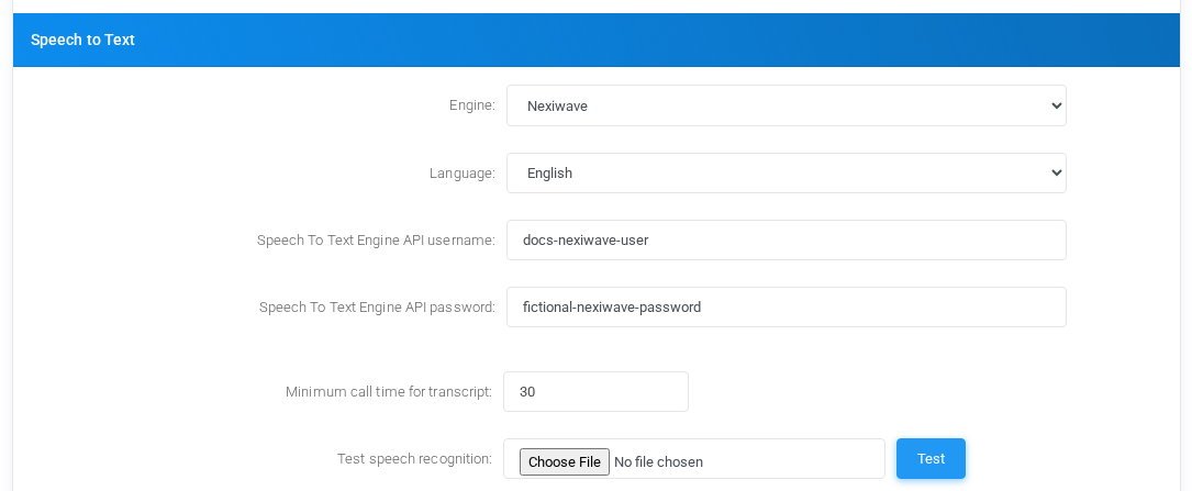 Speech to Text settings for Nexiwave with fictional documentation values.