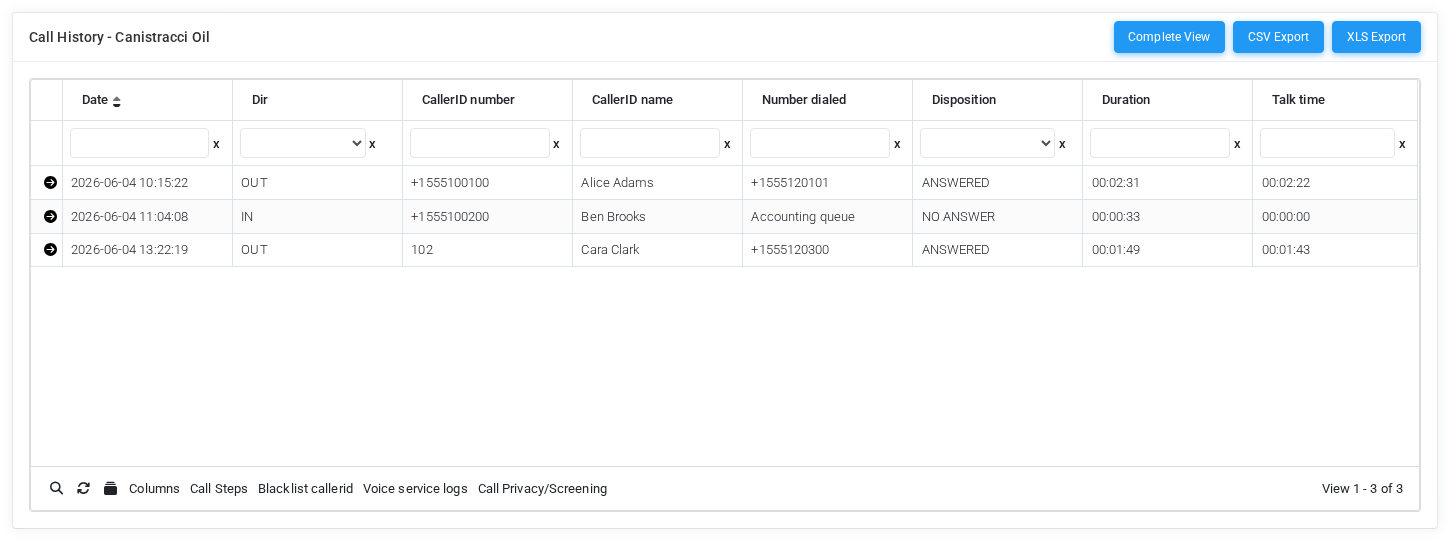 Simple Call History with fictional call data.